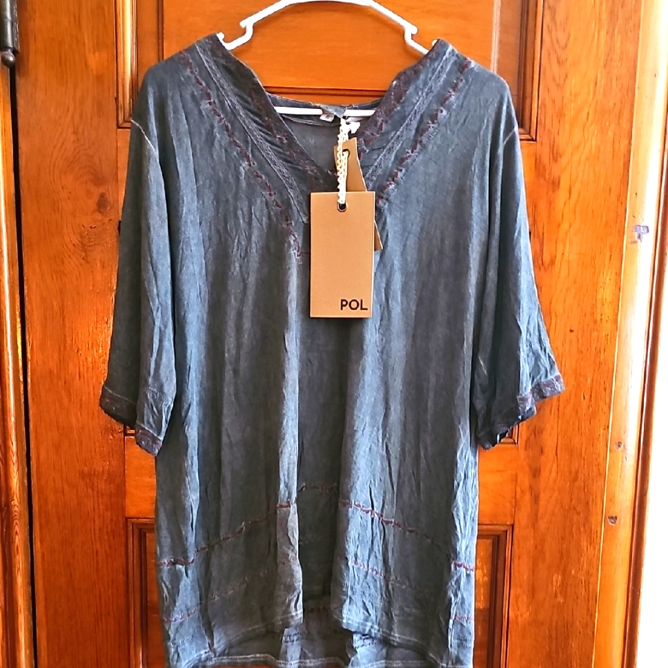 Breathable Hippie Boho Pol Charcoal V-Neck Top Sm/Med
